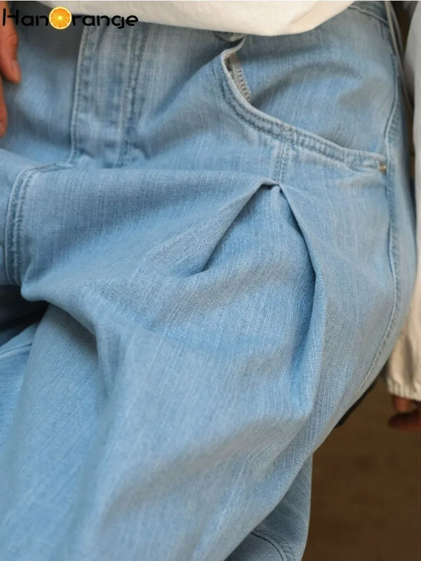 HanOrange 2024 sügis vabaaja kaarjas laia säärega teksad Naiste pehmed lahtised laternaga teksapüksid helesinised