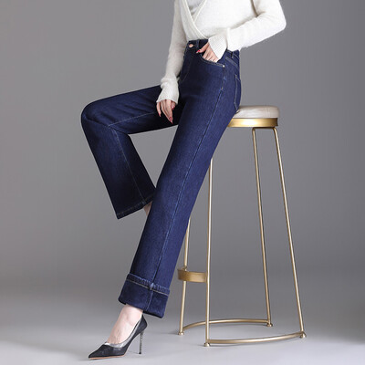 Elegantsed kõrge vöökohaga plüüs sirge säärega teksad naiste pikad paksud soojad oversize talve venivad teksapüksid samet kuum vooder 8XL