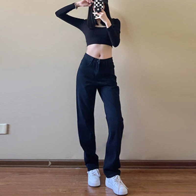 La modă, ocazional, picior drept, blugi negri pur pentru femei, pantaloni slim cu talie înaltă, pantaloni largi 2024, blugi noi