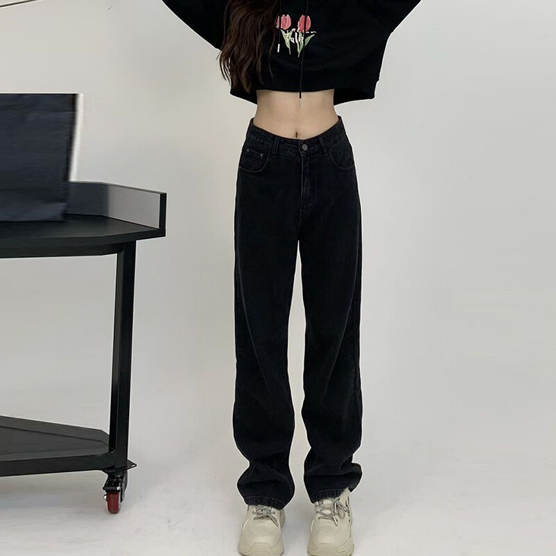La modă, ocazional, picior drept, blugi negri pur pentru femei, pantaloni slim cu talie înaltă, pantaloni largi 2024, blugi noi