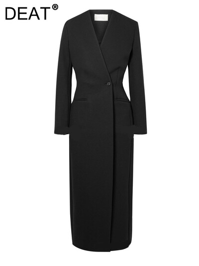 DEAT Fashion Blazer de damă Trench cu mânecă lungă cu un singur buton Peste genunchi decolteu în V Culoare uni Paravent primăvară 2024 Nou Tide 7AB3293
