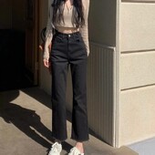 Blugi negri cu talie înaltă pentru femei, din denim, proaspăt întinși, toate se potrivesc.