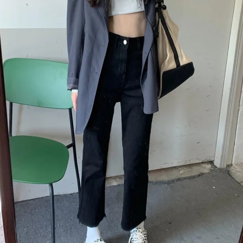 Blugi negri cu talie înaltă pentru femei, din denim, proaspăt întinși, toate se potrivesc.