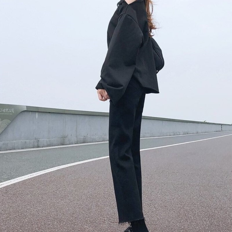 Blugi negri cu talie înaltă pentru femei, din denim, proaspăt întinși, toate se potrivesc.