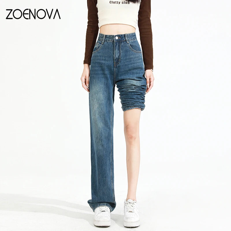 ZOENOVA Y2K 2023 Blugi drepți eleganti, drapei largi de damă, cu picioare late, cu ștergerea pantalonilor drepti, casual, clasici, versatili, blugi mom