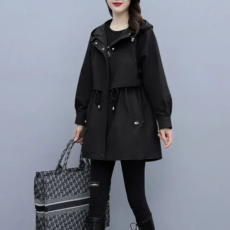 Ženski jesenski trenč kaput s kapuljačom, modna ležerna gornja odjeća srednje dužine širokih džepova, jednobojna korejska uredska dama