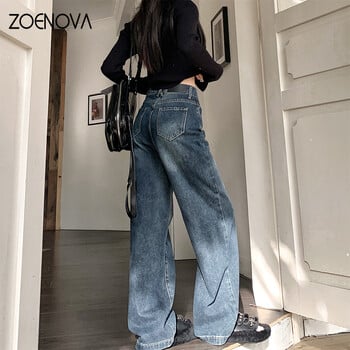 ZOENOVA American Fashion Γυναικεία ψηλόμεση σκούρο μπλε ίσιο τζιν Casual φαρδύ παντελόνι 2024 Άνοιξη Νέο τζιν παντελόνι