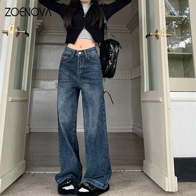 ZOENOVA, la moda americană, pentru femei, cu talie înaltă, blugi drepți, albastru închis, ocazional, pantaloni largi, pantaloni largi, primăvara 2024, pantaloni noi din denim