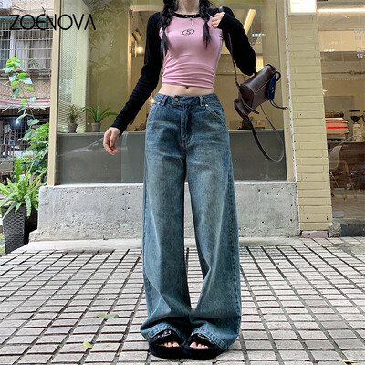 Blugi de damă marca ZOENOVA 2024 de primăvară la modă americană pantaloni largi casual retro Y2K pantaloni largi drepti de damă din denim