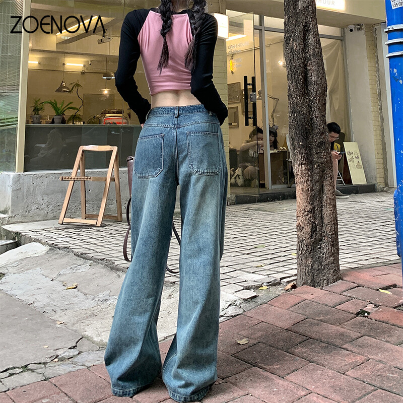 Blugi de damă marca ZOENOVA 2024 de primăvară la modă americană pantaloni largi casual retro Y2K pantaloni largi drepti de damă din denim