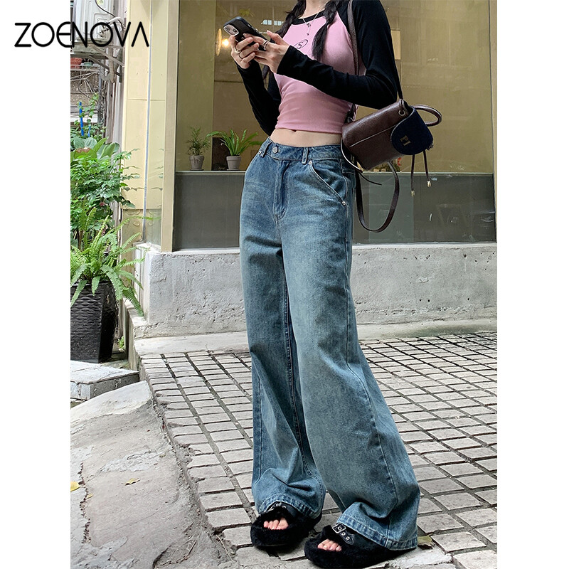 Blugi de damă marca ZOENOVA 2024 de primăvară la modă americană pantaloni largi casual retro Y2K pantaloni largi drepti de damă din denim