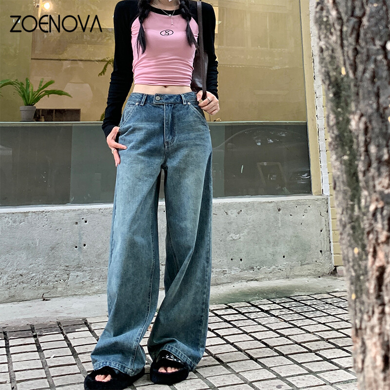Blugi de damă marca ZOENOVA 2024 de primăvară la modă americană pantaloni largi casual retro Y2K pantaloni largi drepti de damă din denim