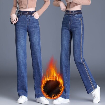 Βελούδινο τζιν ψηλόμεσο με φαρδύ πόδι για νέες γυναικείες τσέπες φθινοπώρου και χειμώνα Casual Stretch Show Height Show Slim Fashion Παντελόνι