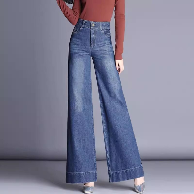 UUED Kevadsügisesed kõrge vöökohaga teksad Naiste korea laia säärega temperamendiga õhukesed teksapüksid, suured naiste püksid.