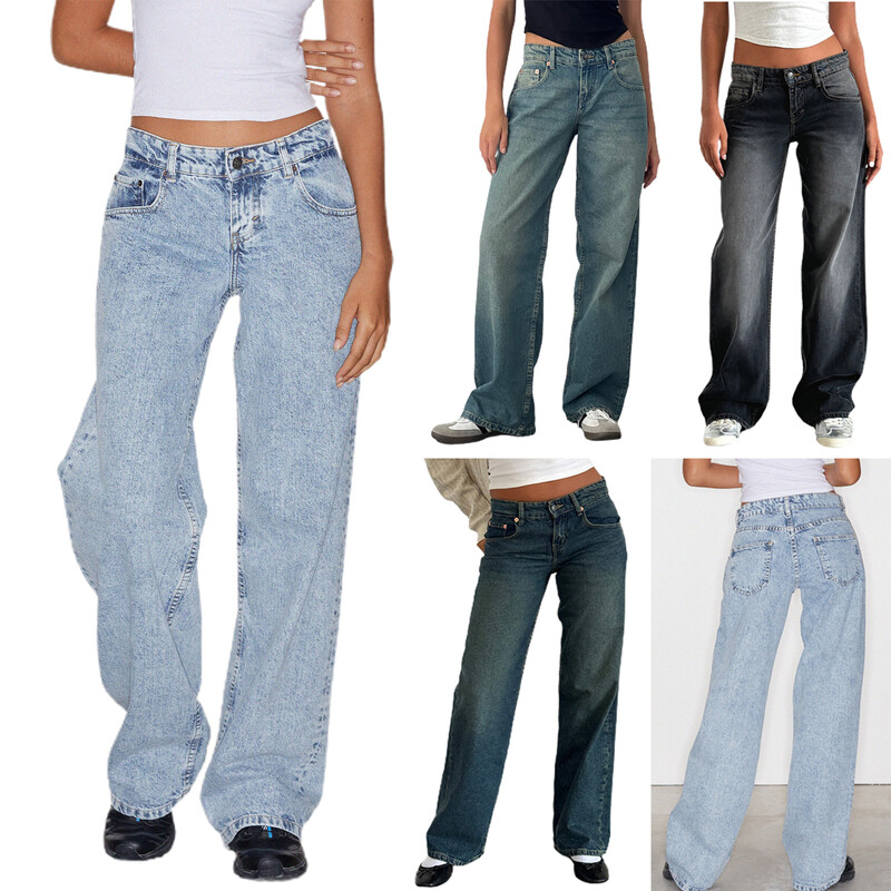 Naiste vabaaja madala kõrgusega teksad Moodsad vabad sirged taskutega teksad Suvised kevadised tänavarõivad