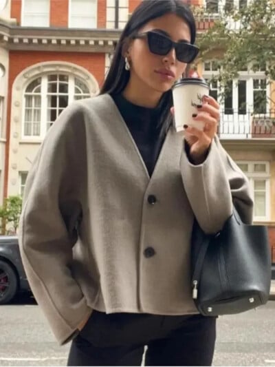 haină scurtă solidă la modă pentru femei, cu mânecă lanternă, cu un singur piept, cu decolteu în V, pardesiu pentru femei, 2024 de toamnă, jachete de birou