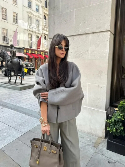 haină scurtă solidă la modă pentru femei, cu mânecă lanternă, cu un singur piept, cu decolteu în V, pardesiu pentru femei, 2024 de toamnă, jachete de birou