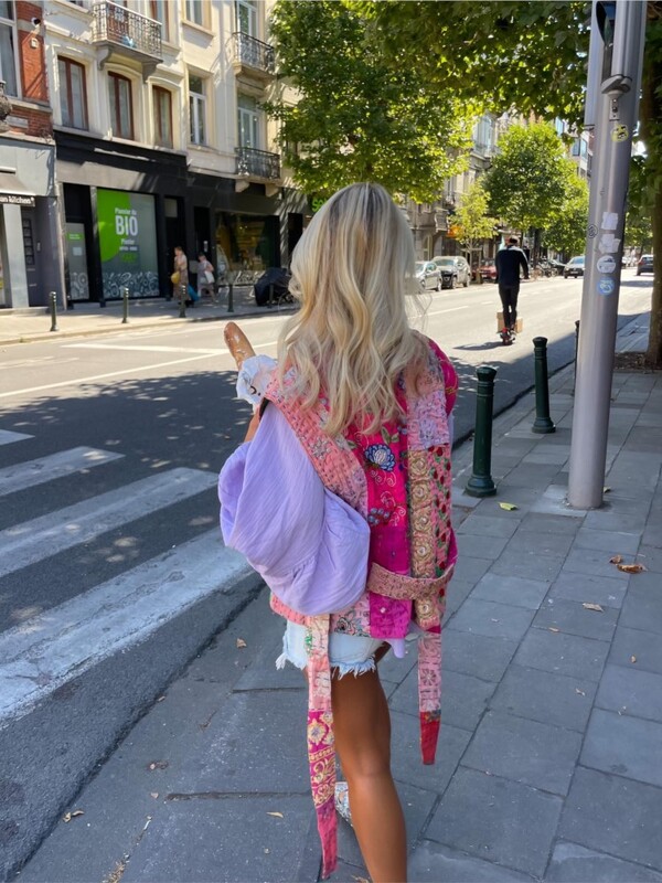 Femei cu centură vestă cu imprimeu în contrast, veste de toamnă colorată, fără mâneci, veste largi 2023, vintage șic, îmbrăcăminte de stradă dulce pentru femei