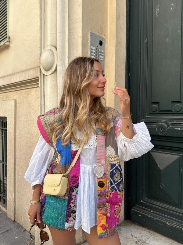 Femei cu centură vestă cu imprimeu în contrast, veste de toamnă colorată, fără mâneci, veste largi 2023, vintage șic, îmbrăcăminte de stradă dulce pentru femei