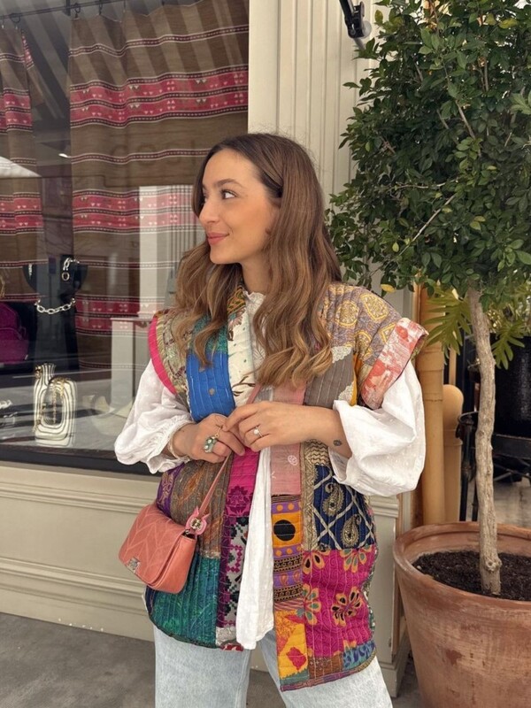 Femei cu centură vestă cu imprimeu în contrast, veste de toamnă colorată, fără mâneci, veste largi 2023, vintage șic, îmbrăcăminte de stradă dulce pentru femei