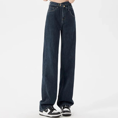 Tüdrukute uued kõrge vöökohaga tänavarõivad laia säärega teksad Naise vintage gooti teksariidest sirge säärega püksid, naiste Y2k sügavsinised uisupüksid