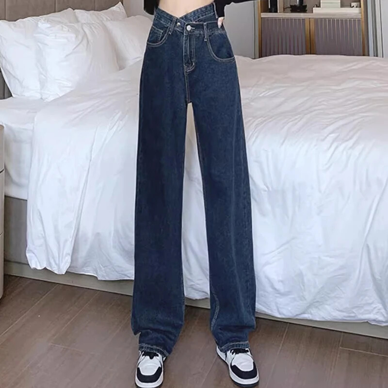 Tüdrukute uued kõrge vöökohaga tänavarõivad laia säärega teksad Naise vintage gooti teksariidest sirge säärega püksid, naiste Y2k sügavsinised uisupüksid