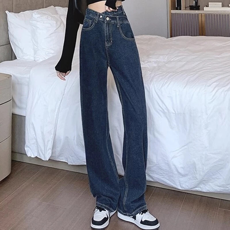 Tüdrukute uued kõrge vöökohaga tänavarõivad laia säärega teksad Naise vintage gooti teksariidest sirge säärega püksid, naiste Y2k sügavsinised uisupüksid