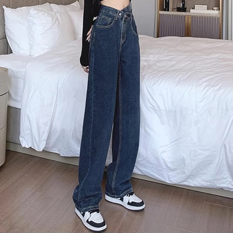 Tüdrukute uued kõrge vöökohaga tänavarõivad laia säärega teksad Naise vintage gooti teksariidest sirge säärega püksid, naiste Y2k sügavsinised uisupüksid