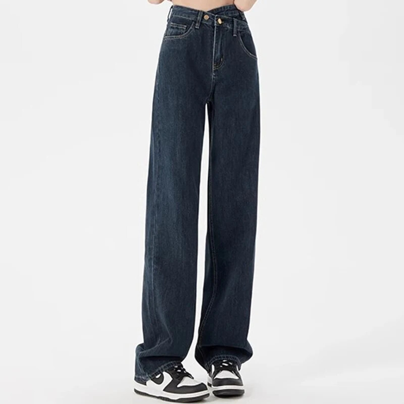 Tüdrukute uued kõrge vöökohaga tänavarõivad laia säärega teksad Naise vintage gooti teksariidest sirge säärega püksid, naiste Y2k sügavsinised uisupüksid