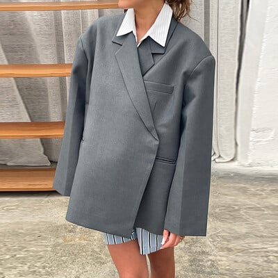 Naiste vabaaja ülikond, bleisermantel, naiste ülisuur topeltnööbiga sälkudega külgmine lõhikuga jope, naiste 2024. aasta sügisene kontori õlakaitsmed