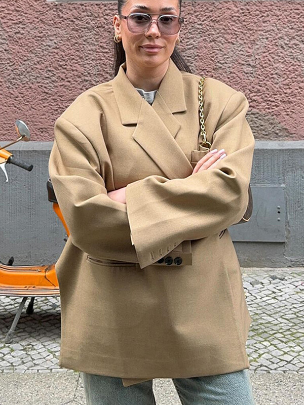 Naiste vabaaja ülikond, bleisermantel, naiste ülisuur topeltnööbiga sälkudega külgmine lõhikuga jope, naiste 2024. aasta sügisene kontori õlakaitsmed