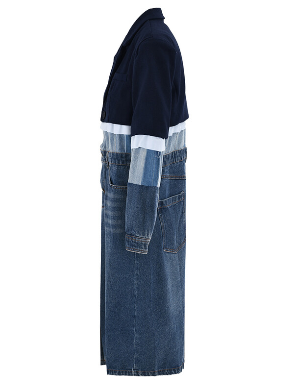 [EAM] Denim albastru pentru femei, bloc de culoare, șanț mare, rever, mânecă lungă, jachetă de vânt Fashion Tide, primăvară, toamnă 2024 1DH2825