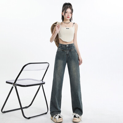 Blugi din denim pentru femei cu talie înaltă, dublu drept, picior lat, marca de înaltă calitate, clasici, noi sosiri, pantaloni lungi pentru femei