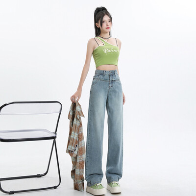 Blugi din denim pentru femei cu talie înaltă, dublu drept, picior lat, marca de înaltă calitate, clasici, noi sosiri, pantaloni lungi pentru femei