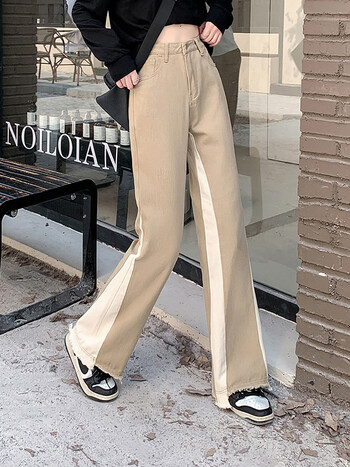 Duomofu American Contrast Color Chicly Straight Women Jeans Jesen Simple Vintage Fashion Ежедневни тънки женски дънки с висока талия