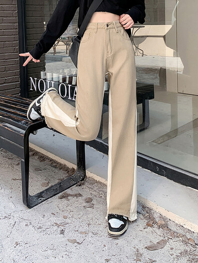 Duomofu American Contrast Culoare Chicly Dreapta Femei Blugi Toamna Simplu Vintage Moda Casual Subtire Femeie Taie Inalta Blugi