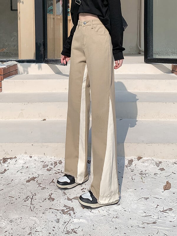 Duomofu American Contrast Culoare Chicly Dreapta Femei Blugi Toamna Simplu Vintage Moda Casual Subtire Femeie Taie Inalta Blugi