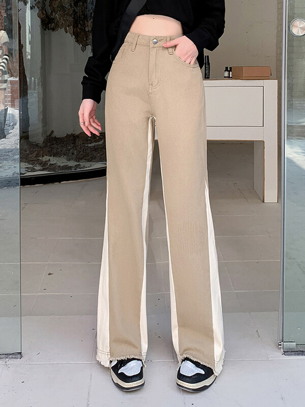 Duomofu American Contrast Culoare Chicly Dreapta Femei Blugi Toamna Simplu Vintage Moda Casual Subtire Femeie Taie Inalta Blugi