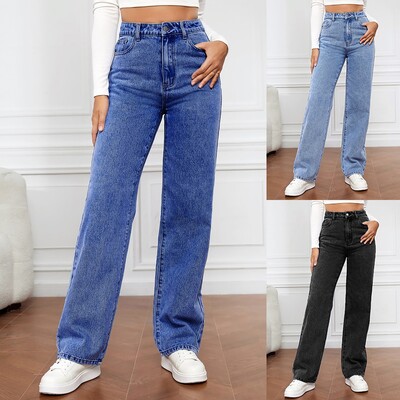 Moda pentru femei Blugi cu picioare drepte Pantaloni de denim spălați cu buzunar cu nasturi largi Pantaloni elastici din denim cu talie înaltă 2024 haine pentru femei