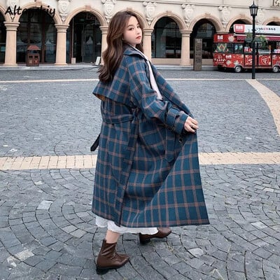 Trench în carouri largi femei clasice Harajuku estetică Streetwear simple primăvară toamnă pardesi moda blândă îmbrăcăminte britanică
