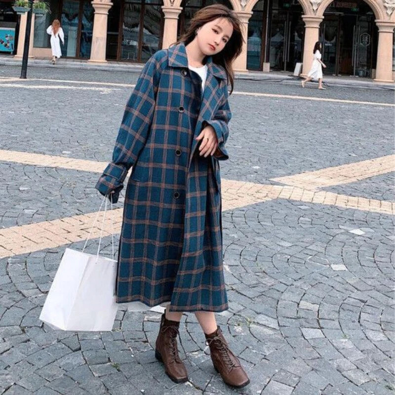 Trench în carouri largi femei clasice Harajuku estetică Streetwear simple primăvară toamnă pardesi moda blândă îmbrăcăminte britanică