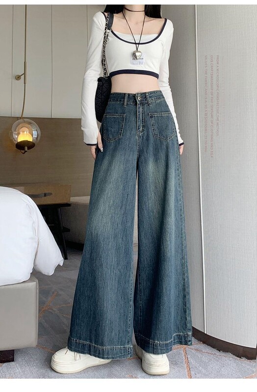 Suured retro-teksapüksid naiste laiad sääred, sirged, kõrge vöökoht, õhuke, õhuke, pehme