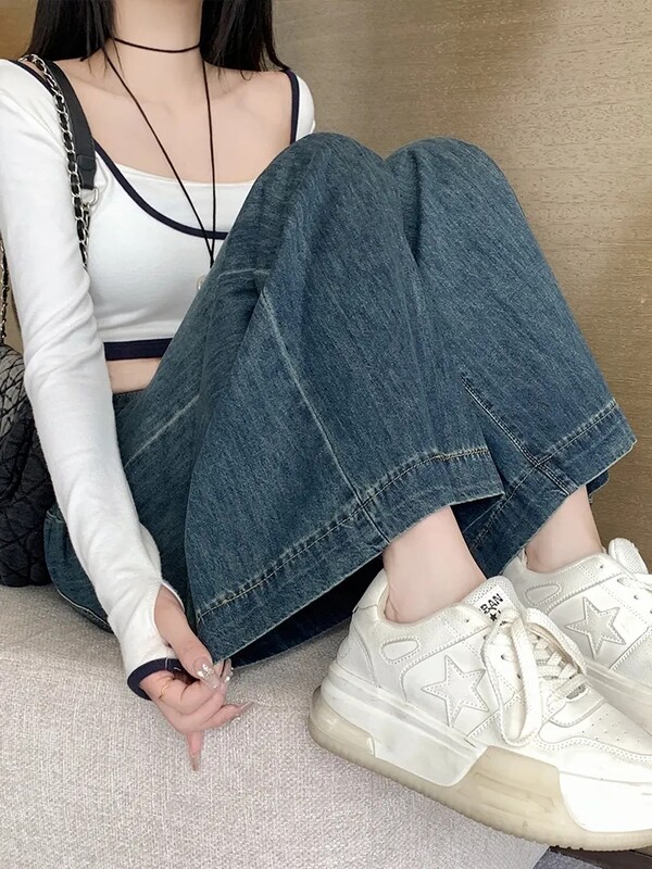 Suured retro-teksapüksid naiste laiad sääred, sirged, kõrge vöökoht, õhuke, õhuke, pehme