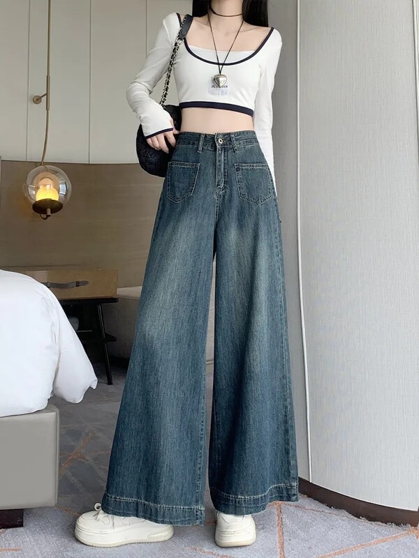 Suured retro-teksapüksid naiste laiad sääred, sirged, kõrge vöökoht, õhuke, õhuke, pehme