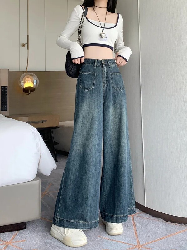 Suured retro-teksapüksid naiste laiad sääred, sirged, kõrge vöökoht, õhuke, õhuke, pehme