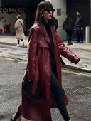 TRAF 2024 Ženska nova moda s remenom Dugi kaput s jednorednim kopčanjem od umjetne kože Vintage Ženska gornja odjeća s dugim rukavima