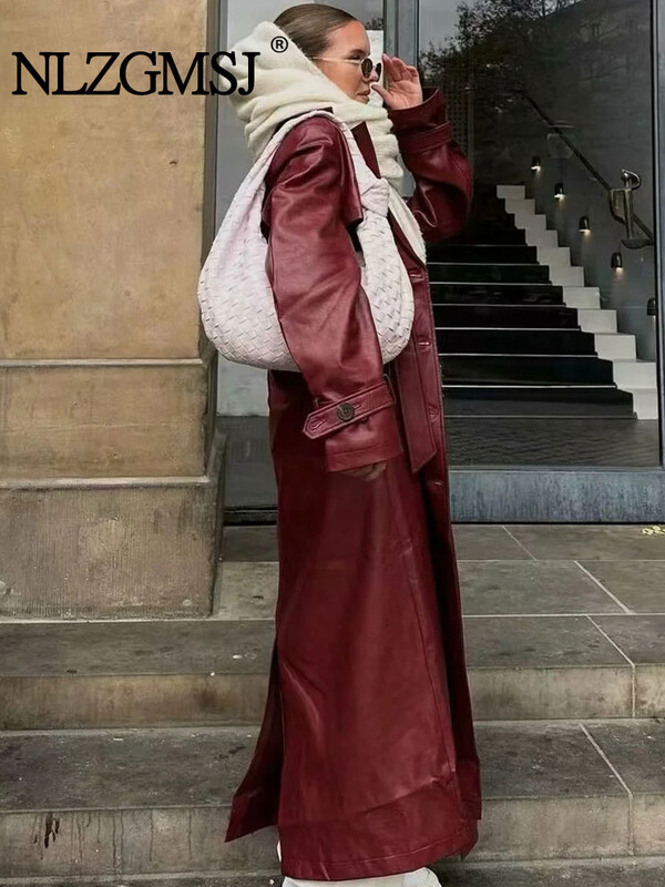 TRAF 2024 Ženska nova moda s remenom Dugi kaput s jednorednim kopčanjem od umjetne kože Vintage Ženska gornja odjeća s dugim rukavima