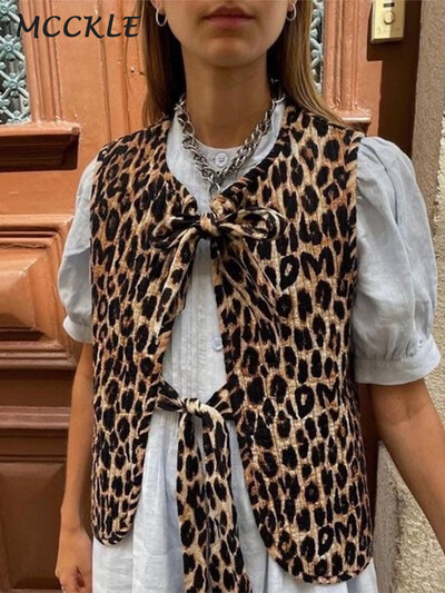 Vestă cu șireturi cu fundă cu imprimeu leopard Femei, largi, fără mâneci, cu decolteu în V, 2024, la modă de primăvară, pentru dama, la birou, la stradă.