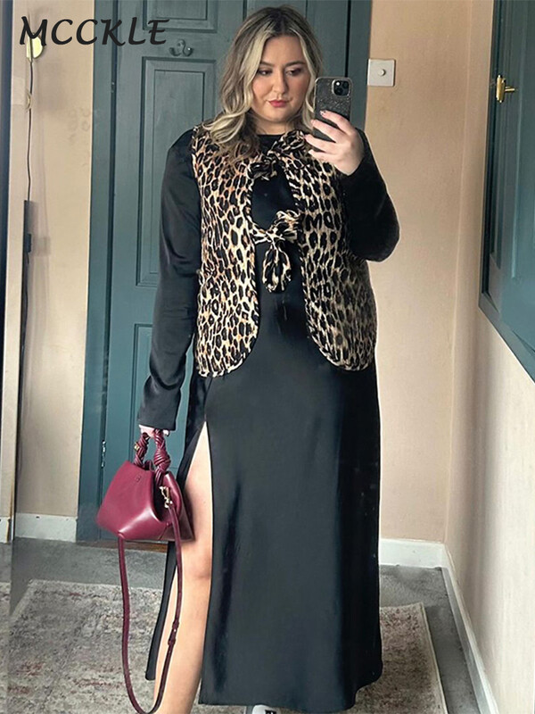 Leopardimustriline vibu, pits-up vest, naiste vaba varrukateta V-kaelusega 2024. aasta kevadmood naiste kontorirõivad.