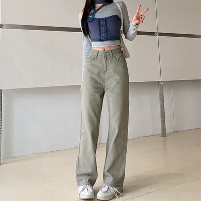 ZOENOVA Blugi de damă cu talie înaltă retro 2024, primăvară, vară, gri, verde, pantaloni largi, ocazional, pantaloni simpli de damă Y2K